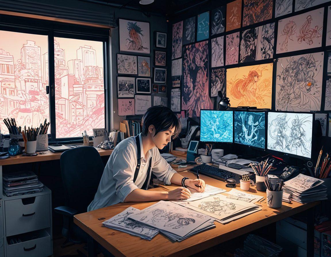 A captivating illustration of a colorful anime scene, featuring a skilled artist at work, surrounded by sketches and digital screens showcasing alluring characters. The background should be filled with iconic hentai elements, blending fantasy and sensuality, with vivid colors enhancing the atmosphere. Include intricate details of animation techniques scattered throughout the workspace. surrealistic. vibrant colors. 3D.